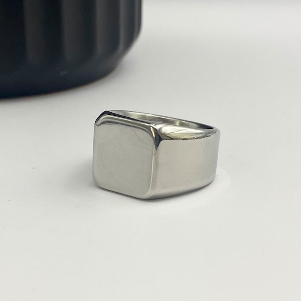 Silver Square Signet Ring - Mens Stainless Steel Pinky Signet ring - rings for men - Curved Signet Ring - mens jewelry - mens jewellery