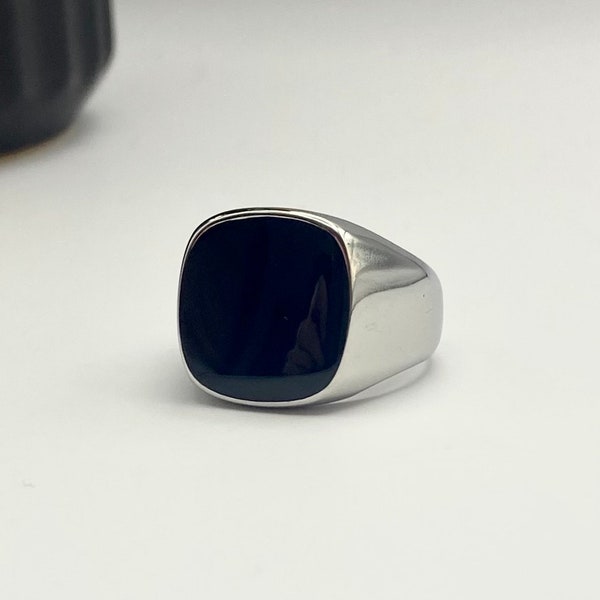 Mens Silver Onyx Signet Ring - Black Rounded Square Signet Ring - rings for men - unisex band ring - Smooth Stainless Steel Signet Ring