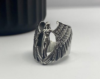 Anello dell'angelo volante - Anello dell'angelo in metallo argentato - Anello con sigillo del guerriero in acciaio inossidabile - Anello delle ali dell'angelo custode - Anello di dichiarazione unisex