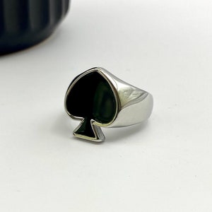 Ace of Spades Ring - Black Stone Onyx Ring - Patterned Art Nouveau Streetwear Ring - Pack of cards ring - Silver Stainless Steel signet ring