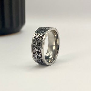 Silver Wave  Ring - Mens Band Wave Pattern Ring - Geometric Style Vintage Ring - Male Band Ring - Stainless Steel Engraved Ring