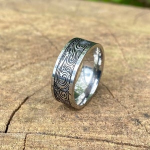 Silver Engraved Ring Mens Band Wave Pattern Ring Geometric Style Vintage Ring Male Band Ring image 2