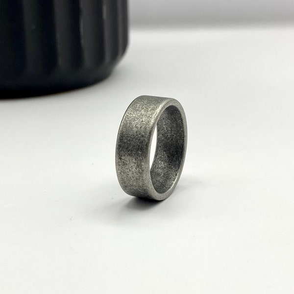 Mens Gun Metal Band - Vintage Stainless Steel Flat Ring - Matte Grey Band - Viking Style Ring - Metal Ring - Minimalistic Band Ring