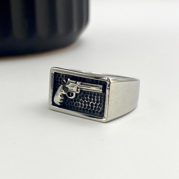 Chevalière à motif pistolet - chevalière rectangle en acier inoxydable - bague à motif pistolet - bague en argent pour homme - chevalière occidentale bague revolver