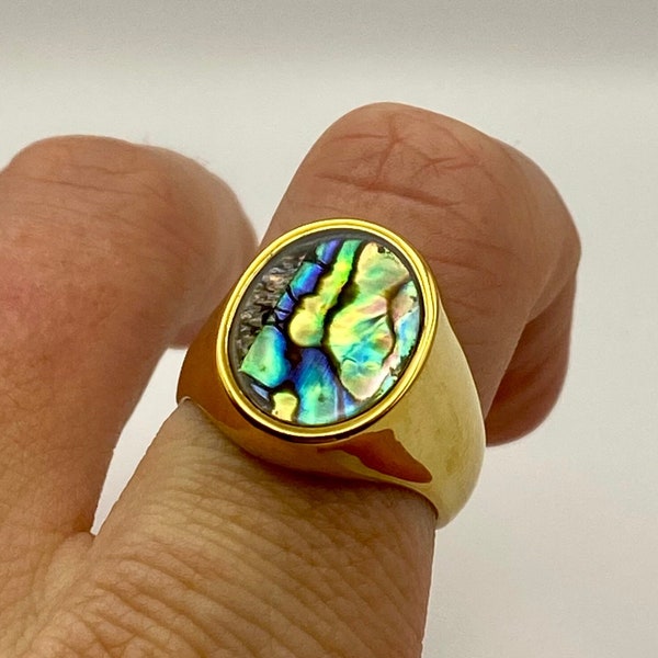 Gold Oval Signet Ring - Green Opal Signet Ring - 18K Gold Signet Ring - Round Signet Ring - Blue Gem Onyx Ring