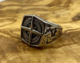 Mens Compass Signet Ring - Stainless Steel Arrow Band -  Statement Viking Signet Ring - Mens Silver Jewellery - Mens Diamond Ring