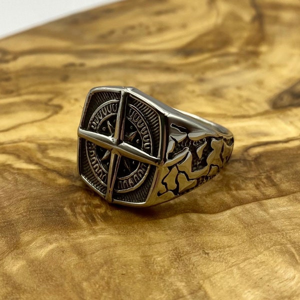 Mens Compass Signet Ring - Stainless Steel Arrow Band -  Statement Viking Signet Ring - Mens Silver Jewellery - Mens Diamond Ring