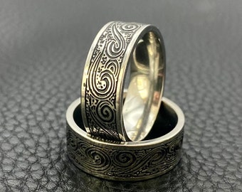 Steel Wave Ring - Mens Engraved Wave Pattern Band - Geometric Style Vintage Ring - Male Band Ring - Silver Stainless Steel Ring