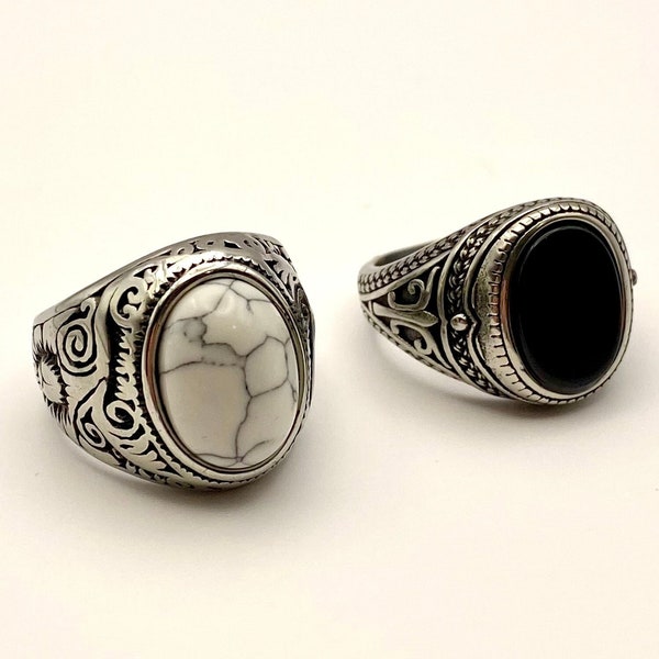 Chevalières Onyx pour hommes - Chevalière pour hommes - Bague en pierre précieuse noire - Chevalière Onyx - bague en acier inoxydable argentée - chevalière en marbre blanc