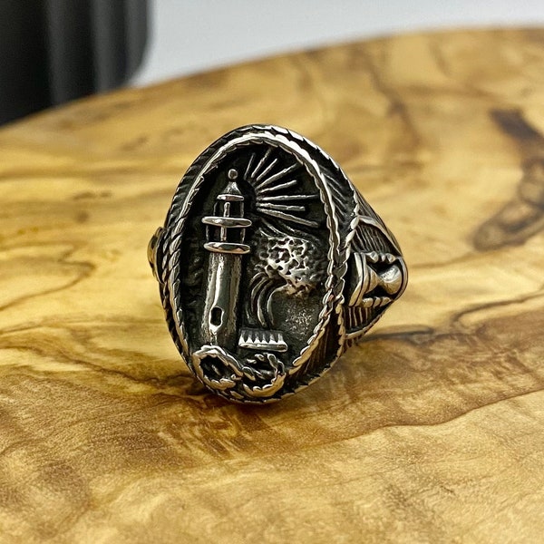 Lighthouse Signet Ring - Egg Sand Timer Stainless Steel Ring - Silver Signet Ring -Gun Metal Biker Ring - Vintage Rustic Ring - Viking Ring