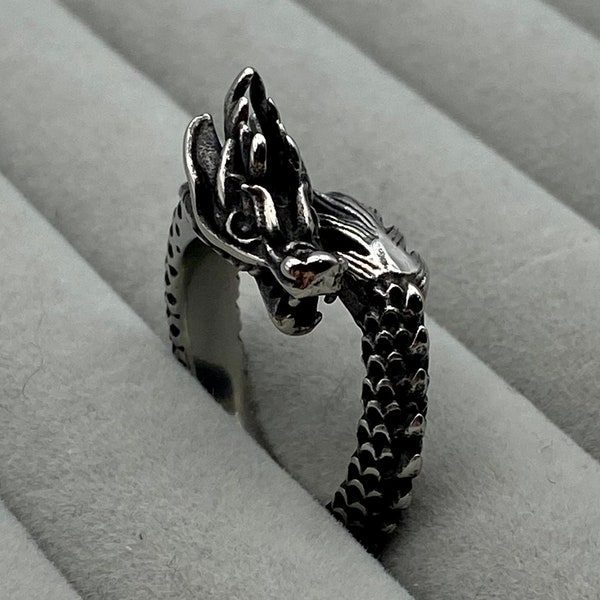 Dragon Ring - Men’s Stainless Steel Ring - silver dragon animal unisex band - men’s mystic ring - medieval ring