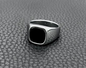 Silver Onyx Signet Ring - Mens silver and black square signet ring - rings for men - unisex band ring - mens jewelry - mens curved signet