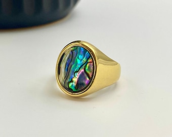 Chevalière en coquille d’ormeau d’or - Chevalière opale multicolore - Chevalière en or 18 carats - Chevalière ronde - Bague Onyx gemme vert bleu