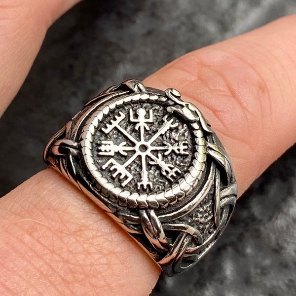 Mens Viking Compass Signet Ring - Stainless Steel Celtic Band - Silver Vintage Norse Nordic Vegvisir Ring - Detailed Signet Band