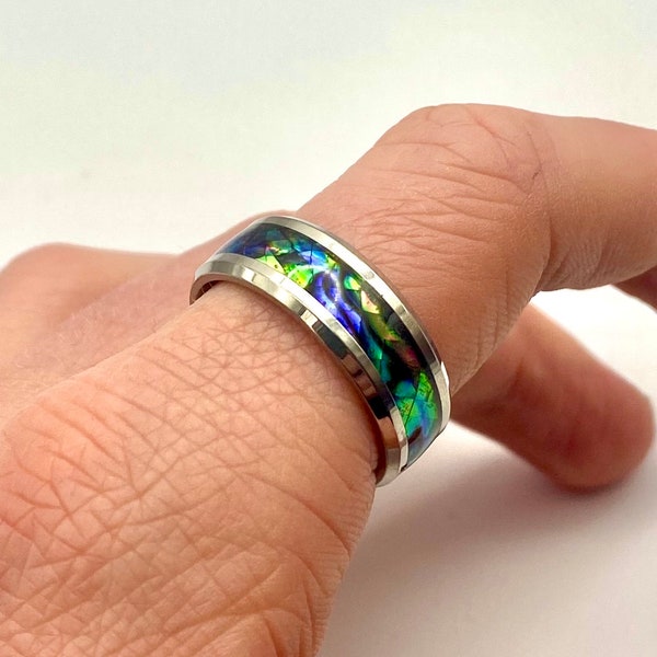 Rainbow Abalone Ring - Green Stone Band - Greek Multicolour Blue Stainless steel Ring - Titanium Galaxy ring - Steel Coloured Ring