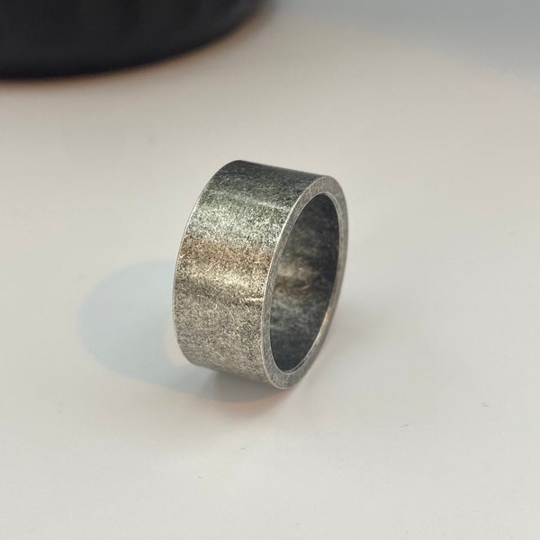 Vintage Gun Metal Stainless Steel Flat Ring - Mens Grey Band - Viking Style Ring - Metal Vintage Ring