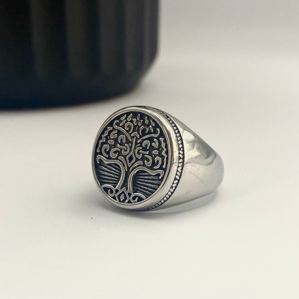 Tree of Life Ring - Silver Family Tree Stainless Steel Ring - Silver Pinky Signet Ring - Mens Tree Jewellery - Vintage Rustic Ring -