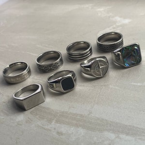 Mens Silver Rings Stainless Steel Signet Rings Rings for men Set of rings Silver Streetwear Jewellery Unisex Rings Abalone Shell image 1