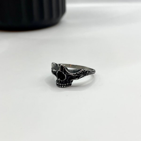 Black Skull Minimalistic Ring - Unisex Stainless Steel Ring - Crushed Half Skull Ring - Pirate Skull Ring - gun metal Goth style emo ring -