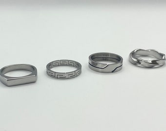 Minimal Silver Band Rings - Stainless Steel Twisted Wave Ring - Minimal Signet Ring - Greek Design Band - Rectangle Ring - Set of rings