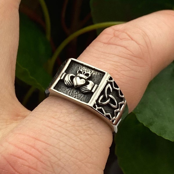 Mens Claddagh Ring- Stainless Steel Heart Ring - Silver Signet Crown Ring - Irish Claddagh Trinity Ring - Mens Stainless Steel Signet Ring