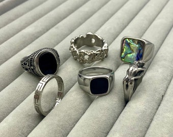 Roestvrijstalen ringen - Mens Silver Signet Rings - Griekse ringen voor mannen - Set ringen - Couple Ring - Onyx Signet Ring - Abalone Shell