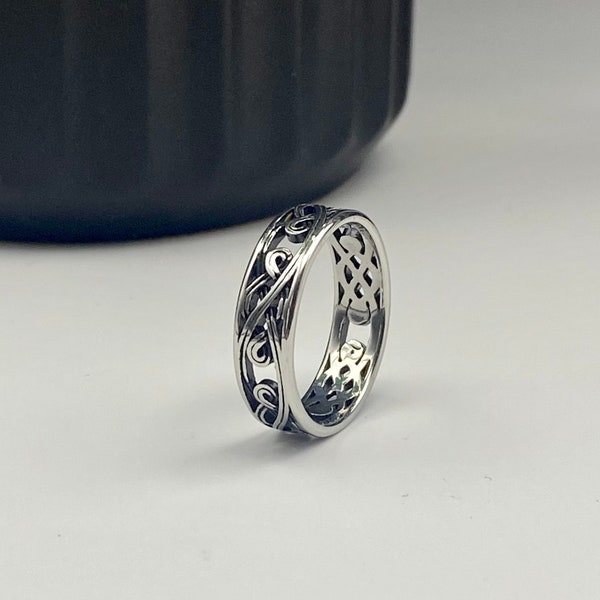 Steel Vintage Twisted Ring - Mens Rustic Band - Geometric Style Vintage Ring - Male Band Ring - Silver Rustic Pattern Ring