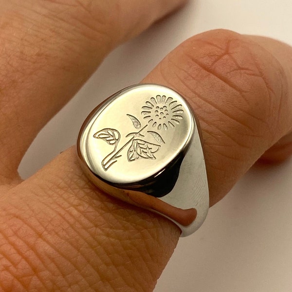 Silver Rose Signet Ring - Mens silver engraved signet ring - rings for men - unisex band ring - mens sunflower jewelry- flower signet ring