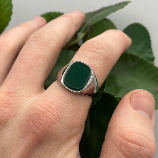 Green Oval Signet Ring - Mens silver and dark green round signet ring - rings for men - unisex band ring - mens jewelry - mens curved signet