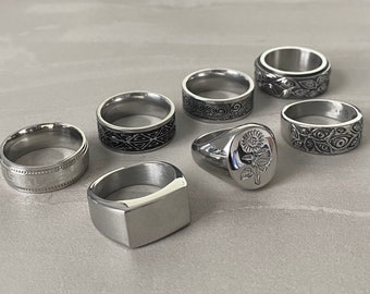 Mens Silver Stainless Steel Rings - Signet Rings - Rings for men - Set of rings - Silver Flower Jewellery - Unisex Spinning Eye Rings