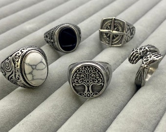 Steel Signet Rings - Mens Stainless Steel Onyx Rings - Rings for men - Set of rings - Marble Onyx Ring - Compass Ring - Tree of Life Ring