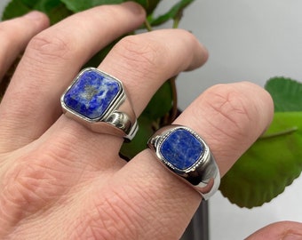 Anillo de sello de piedra azul - Anillo de sello cuadrado de piedra marina para hombre - anillos para hombres - Anillo de sello curvo de ónix lapislázuli - Anillo de ónix rosado azul