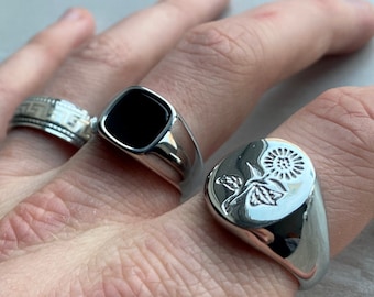 Zilveren herenringen - roestvrijstalen zegelringen - ringen voor mannen - set ringen - zilveren streetwear sieraden - unisex ringen - onyx ring