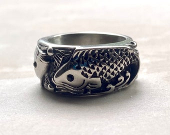 Koi Fish Ring - Stainless Steel Fish Band - Mens Silver Animal Ring - Chunky Ring