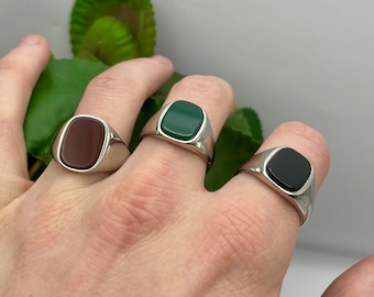 Bagues homme - chevalière pour homme - bague avec pierre gemme noire - chevalière en onyx - bague ovale en acier inoxydable argenté - chevalière vert émeraude