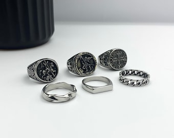 Zilveren herenringen - roestvrijstalen zegelringen - ringen voor mannen - set ringen - zilveren streetwear sieraden - unisex ringen - abalone schelp