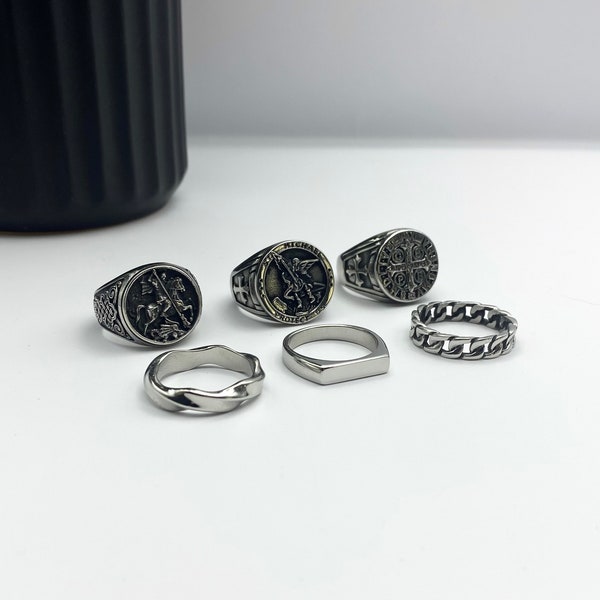 Mens Silver Rings - Stainless Steel Signet Rings - Rings for men - Set of rings - Silver Streetwear Jewellery - Unisex Rings - Abalone Shell