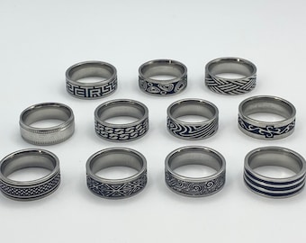 Silver Engraved Band Rings - Wave Steel Ring For Men - Wave Print Ring - Mens Silver band - silver stainless steel ring - Swirl Pattern Ring