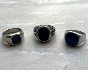 Black Onyx Signet Ring - Signet Ring For Men - Black Gem Stone Ring - Onyx Signet Ring - silver stainless steel ring