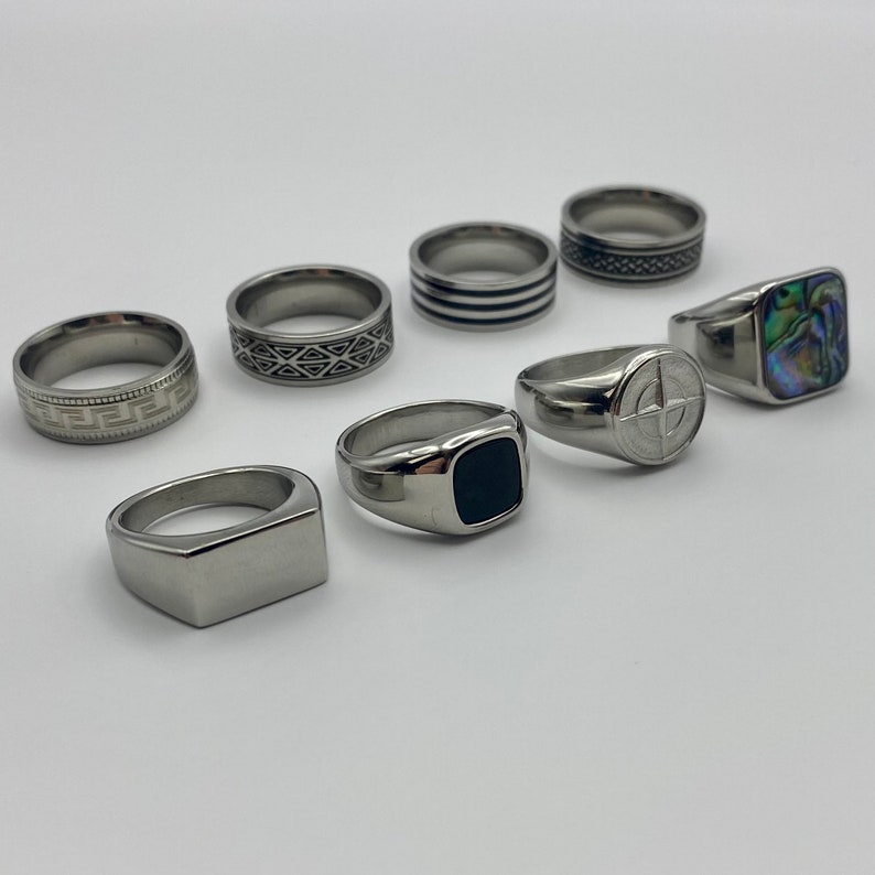 Mens Silver Rings Stainless Steel Signet Rings Rings for men Set of rings Silver Streetwear Jewellery Unisex Rings Abalone Shell image 8