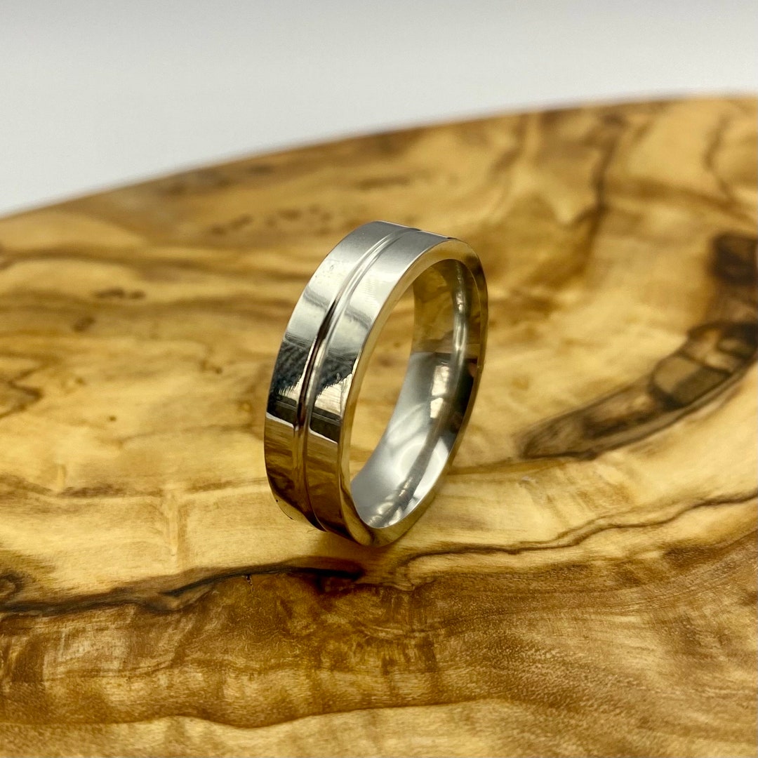 Silver Indented Ring Mens Plain Band Ring Basic Stainless Steel Ring