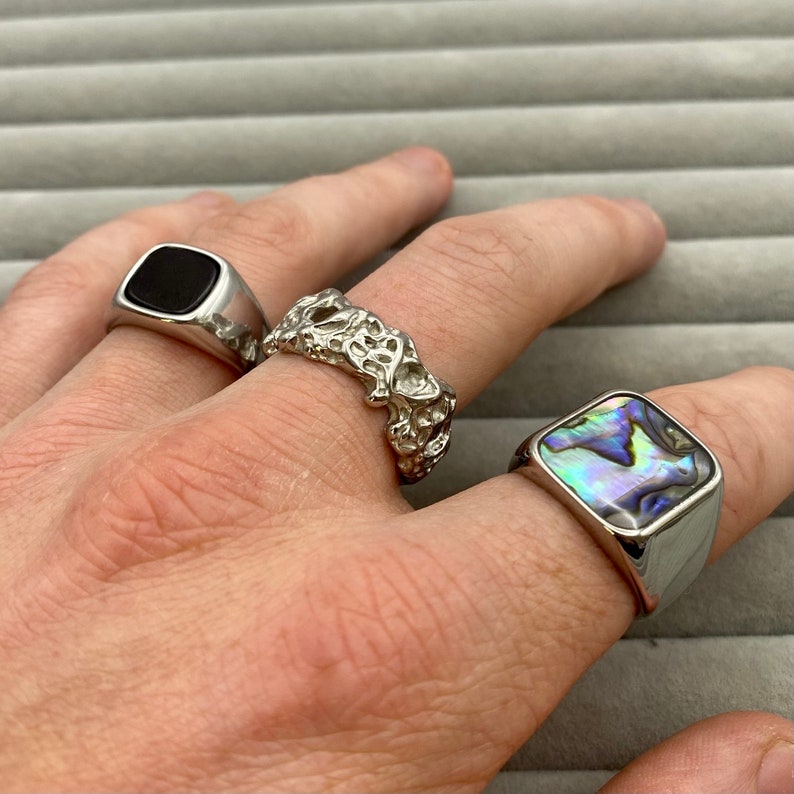 Stainless Steel Rings Mens Silver Signet Rings Greek Rings for men Set of rings Couple Ring Onyx Signet Ring Abalone Shell zdjęcie 6