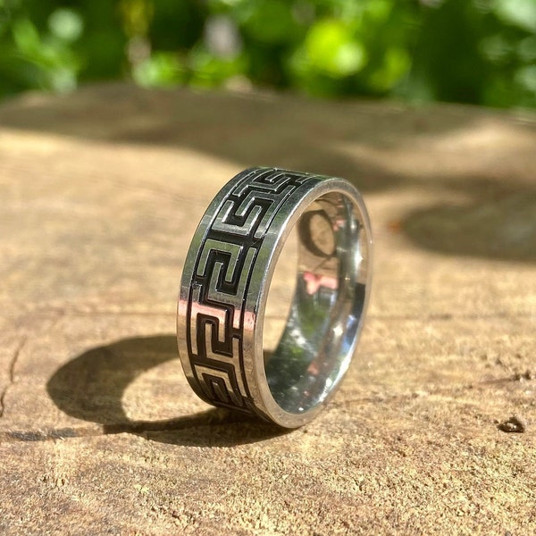 Stainless Steel Greek Band Ring - Silver Aztec Geometric Pattern Jewellery - Gothic Ring - Unisex Stainless Steel Ring - Pattern Ring