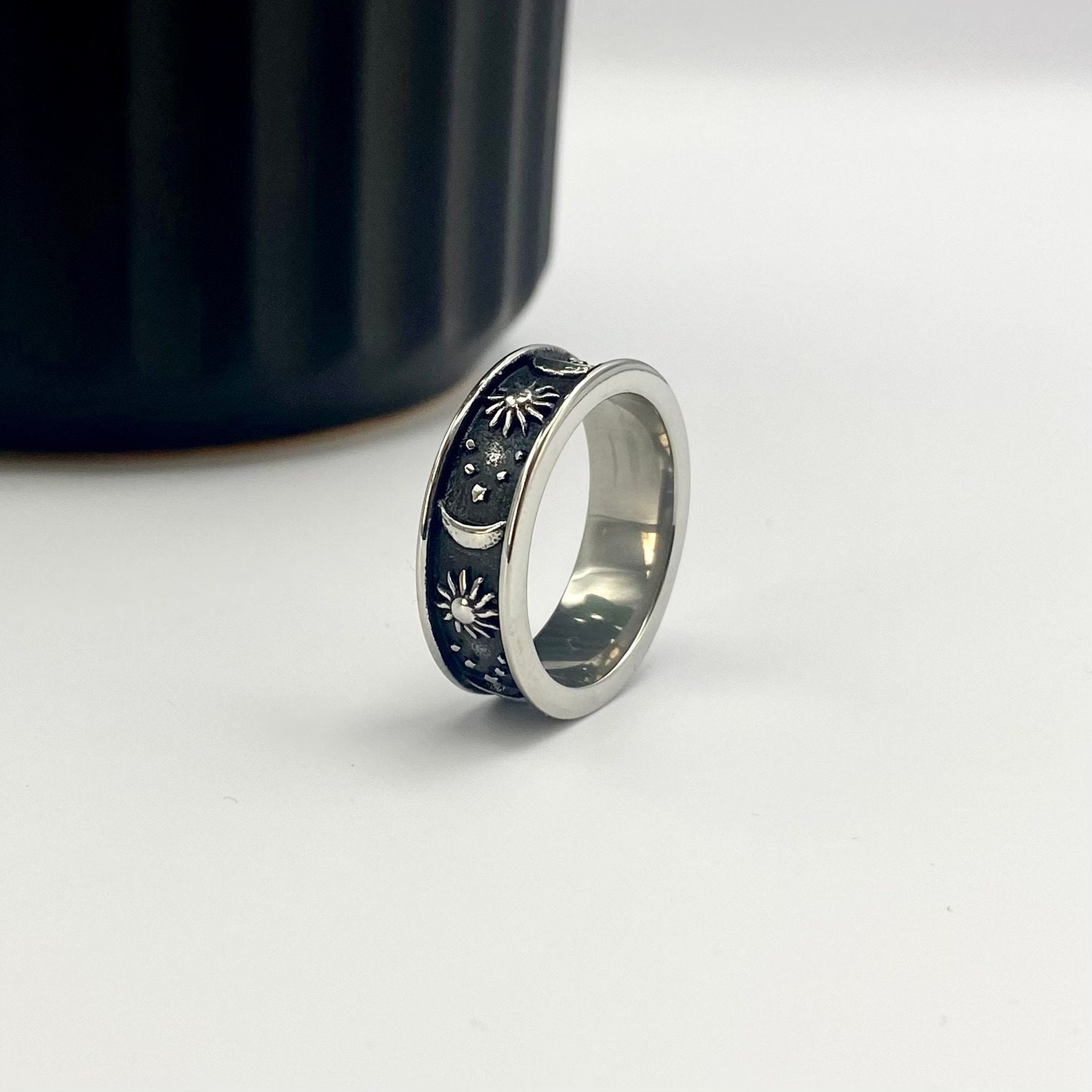 Sun and Moon Ring, Sterling Silver, Celestial Style, Planet Ring
