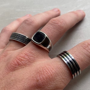 Mens Silver Rings Stainless Steel Signet Rings Rings for men Set of rings Silver Streetwear Jewellery Unisex Rings Abalone Shell image 5