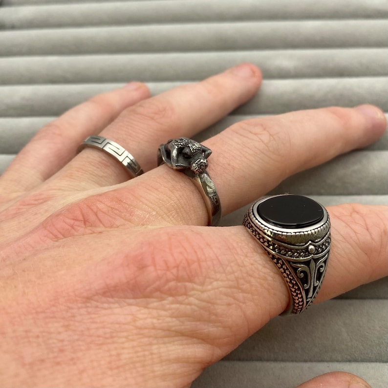 Stainless Steel Rings Mens Silver Signet Rings Greek Rings for men Set of rings Couple Ring Onyx Signet Ring Abalone Shell zdjęcie 5