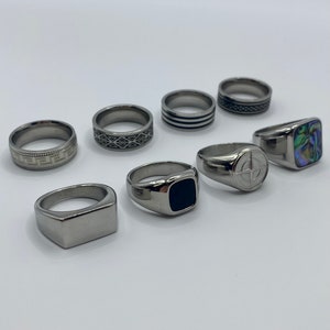 Mens Silver Rings Stainless Steel Signet Rings Rings for men Set of rings Silver Streetwear Jewellery Unisex Rings Abalone Shell image 2