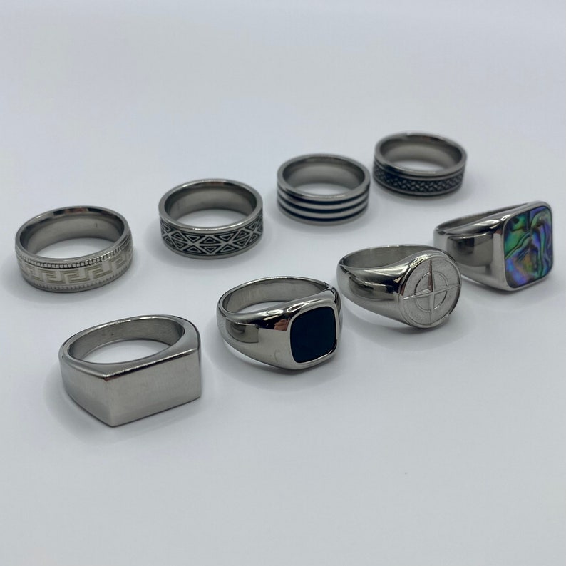 Mens Silver Rings Stainless Steel Signet Rings Rings for men Set of rings Silver Streetwear Jewellery Unisex Rings Abalone Shell image 2