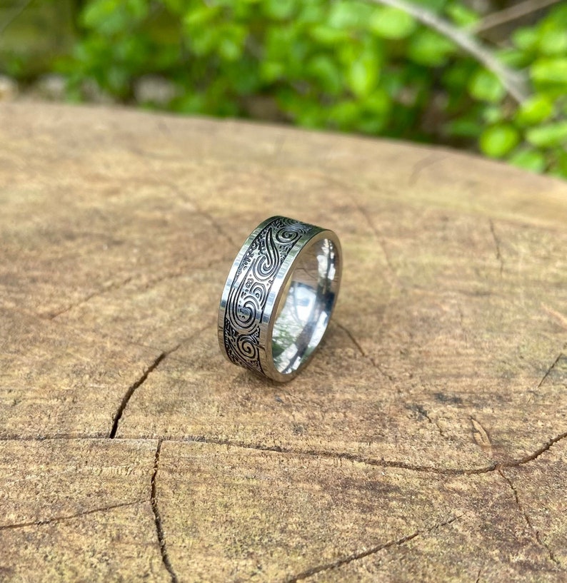 Zilveren gegraveerde ring herenband golfpatroonring geometrische stijl vintage ring mannelijke bandring afbeelding 2