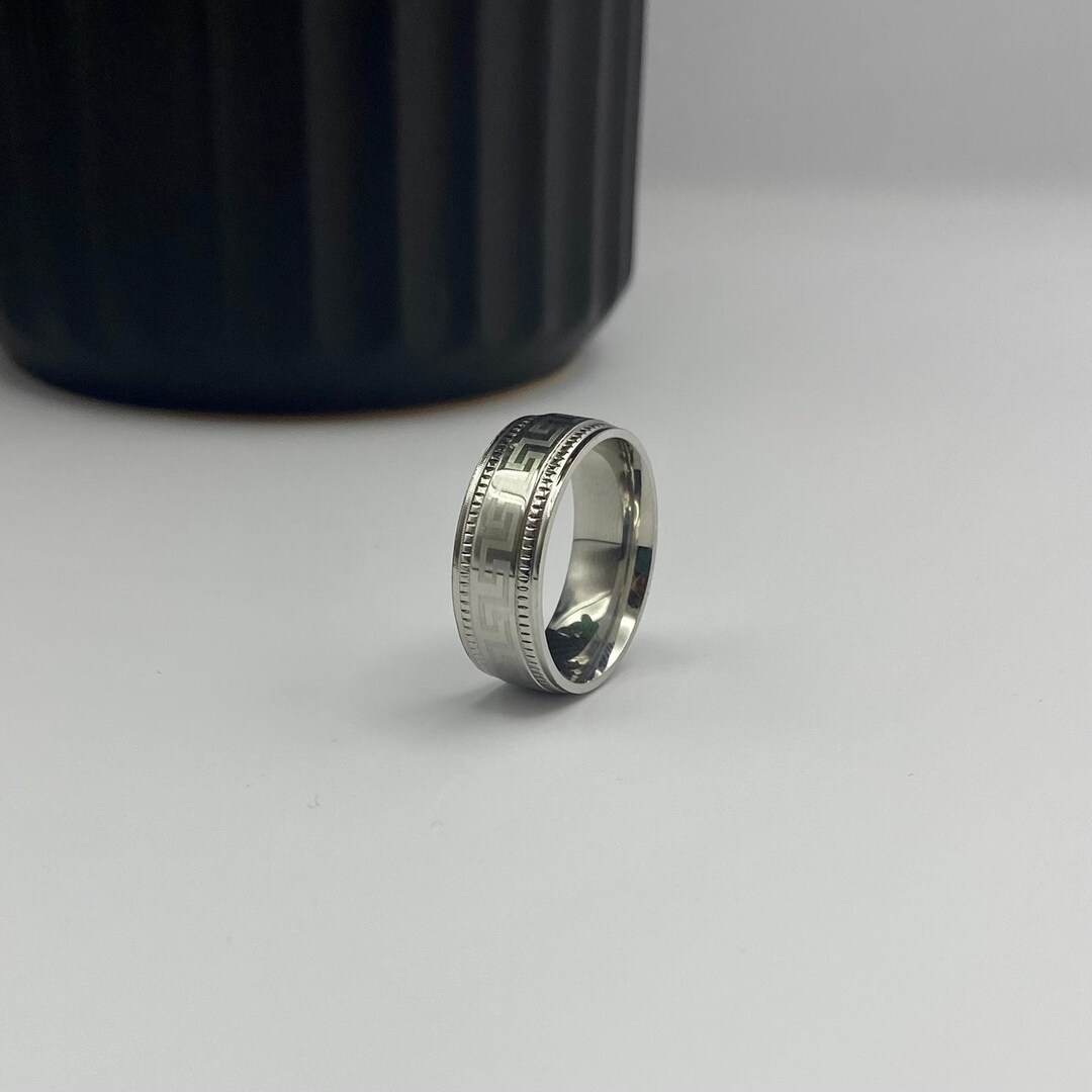 Silver Greek Pattern Ring Mens Stainless Steel Band Geometric Key Style